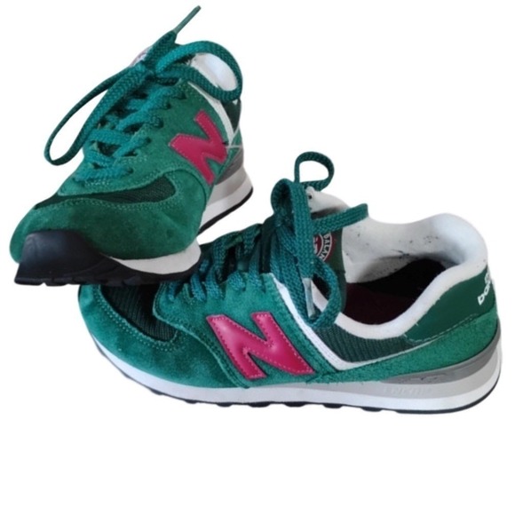 New Balance Shoes - New Balance 574 Green Pink Suede Mesh Sneakers WL574HF2 Womens 7.5